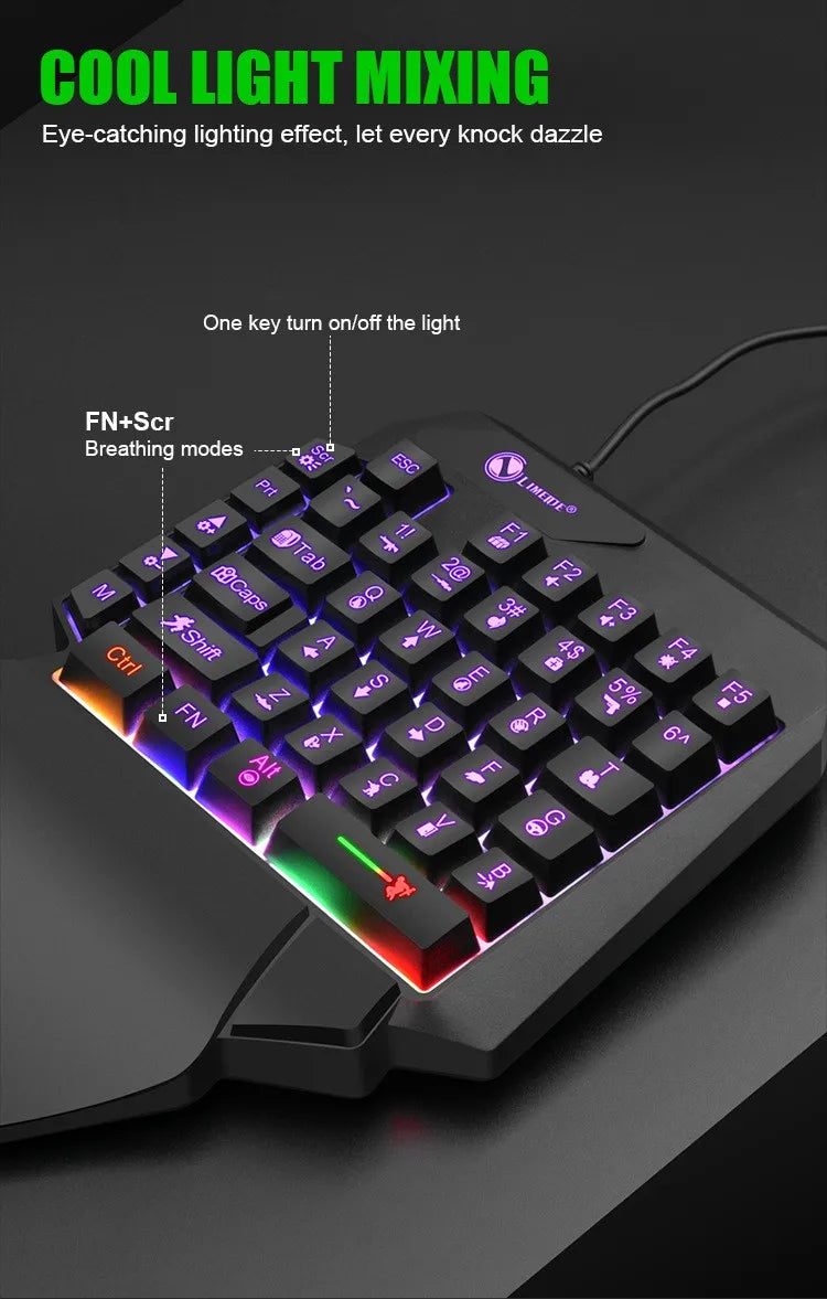 Mini teclado gaming de uma só mão com 35 teclas, USB, ultrafino, com fios e retroiluminado, para portátil, PC de secretária e smartphone