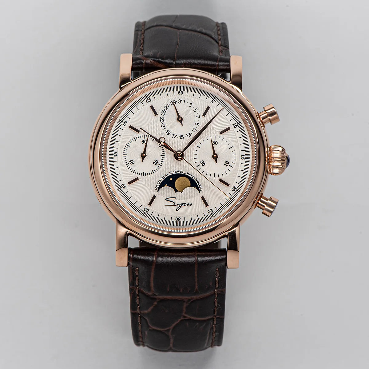 Sugess Men Watch ST1908 Swanneck Movement Mechanical Chronograph Wristwatch Genuine Moonphase Calendar Vintage Leather NEW 2023