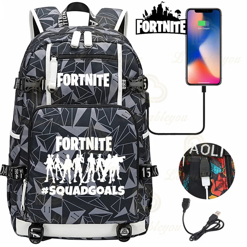 Yule Trooper F-Fortnited Battle Royale Backpack with USB Charging Anime Figures Study Stationery Compartment Students Mochila