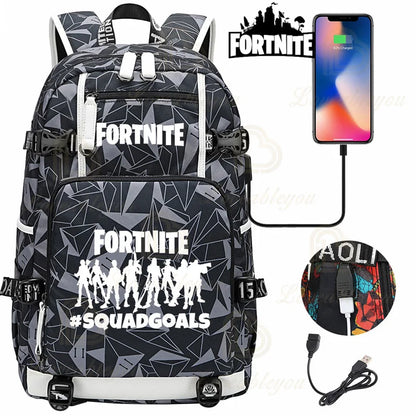 Yule Trooper F-Fortnited Battle Royale Backpack with USB Charging Anime Figures Study Stationery Compartment Students Mochila