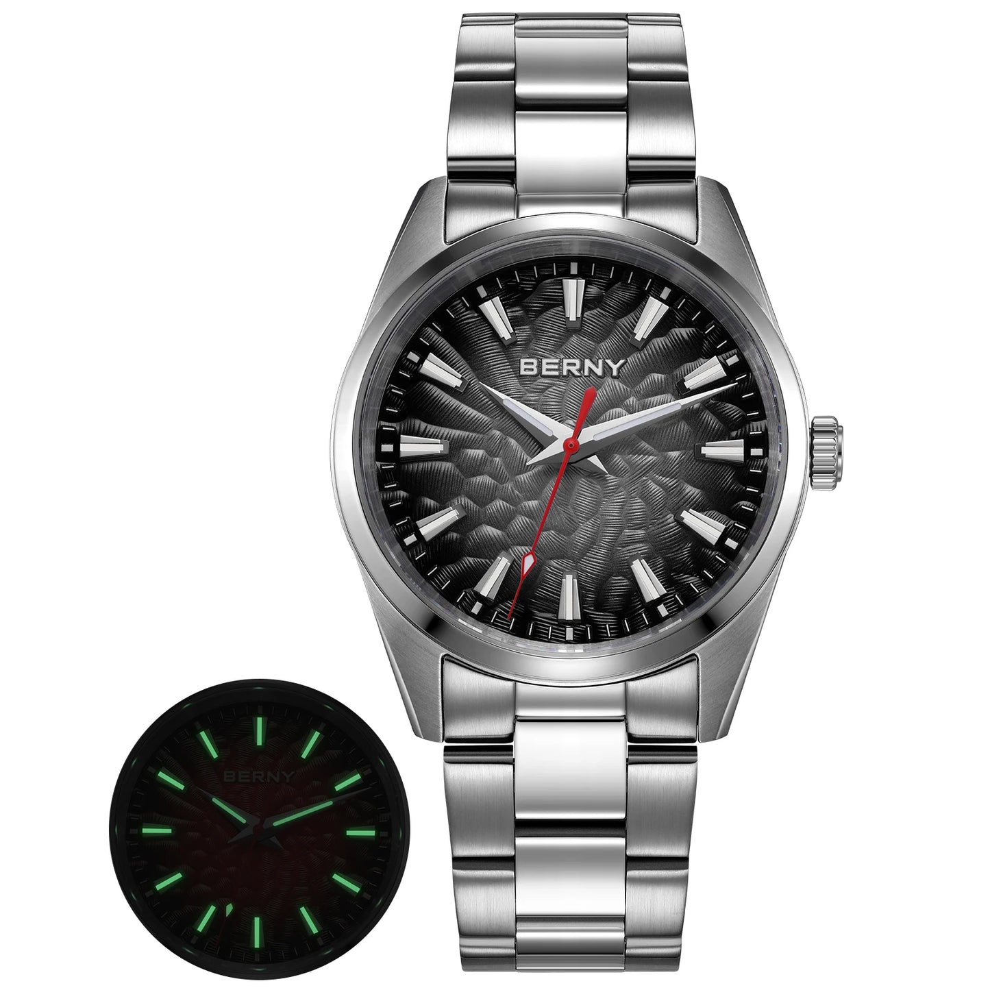 BERNY Men's Watch 10ATM Sapphire Luminous Fashion Quart Watches Full Stainless Steel Classic Dress Business Wristwatch