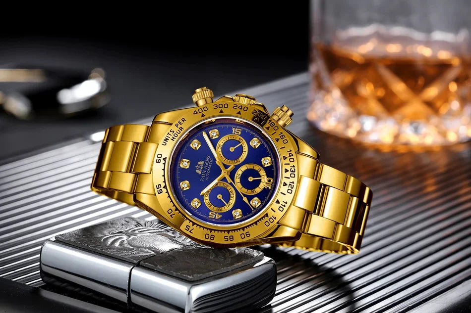 Automatic Mens Watch Mechanical Self Wind Movement Gold Black Stainless Steel Diamonds Stone Sports Luxury Fashion Watches