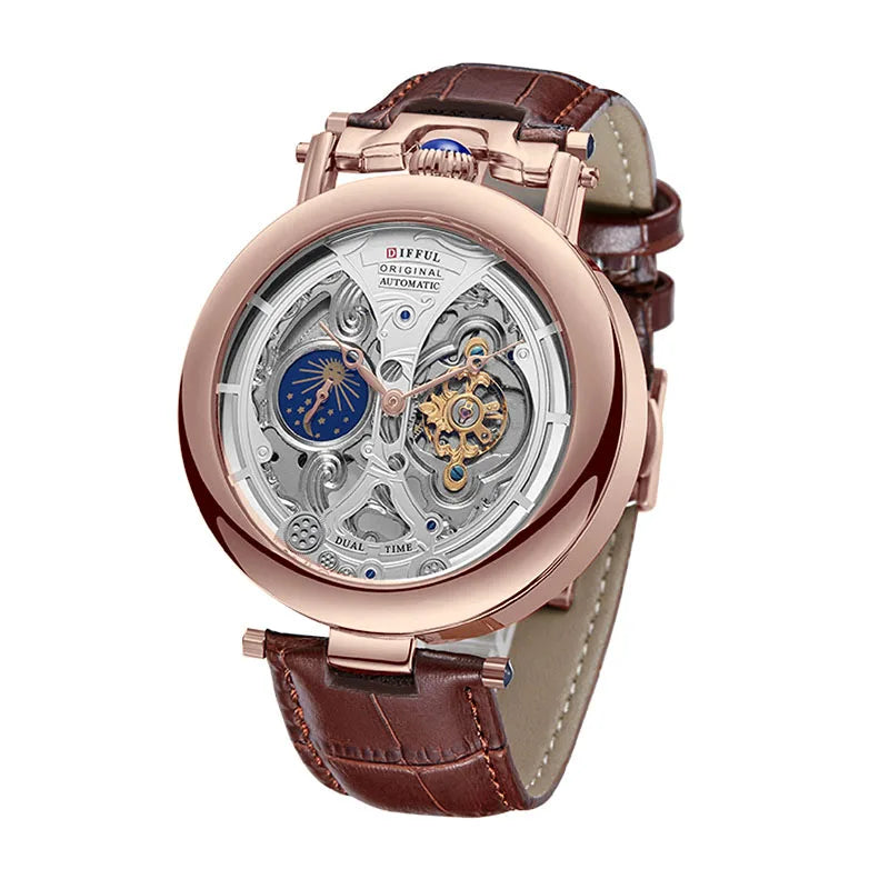 DIFFUL Luxury Big Skeleton Dial Moon Phases Tourbillon Hollowed Mechanical Men Wristwatch Watch With Leather Band