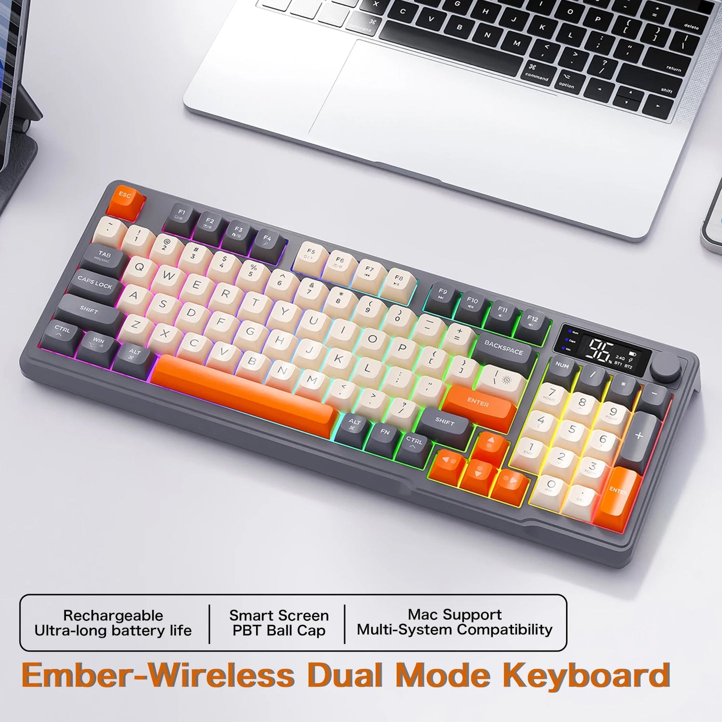 Teclado Bluetooth Sem Fios M96 FREEWOLF com Ecrã Gaming, Ecrã Eletrónico, Ligação a Vários Dispositivos, Ergonomia Gaming