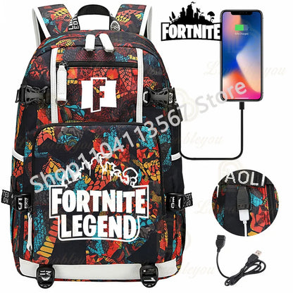 Yule Trooper F-Fortnited Battle Royale Backpack with USB Charging Anime Figures Study Stationery Compartment Students Mochila