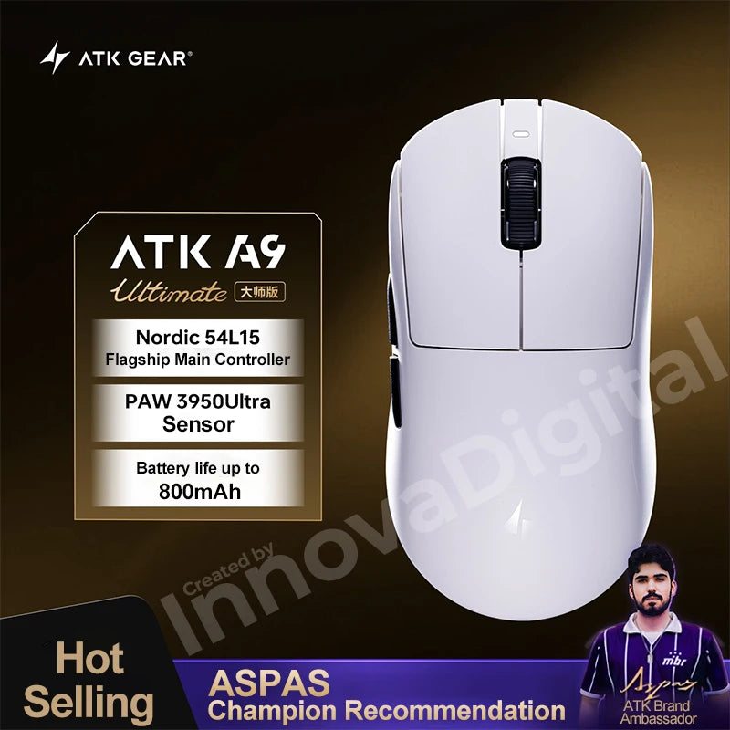 „ATK Dragonfly A9 Ultimate“ belaidė žaidimų pelė, „PAW3950 Ultra 8 kHz“ ergonomiška lengva žaidimų pelė, skirta FPS, e. sportui ir „CSGO“
