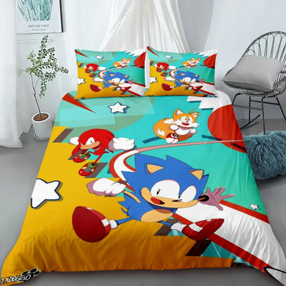 Cartoon Duvet Cover Set , Washable Cotton Bedding – S-Sonic-S the H-Hedgehog Movie Theme Student Bedroom Decor for All Seasons