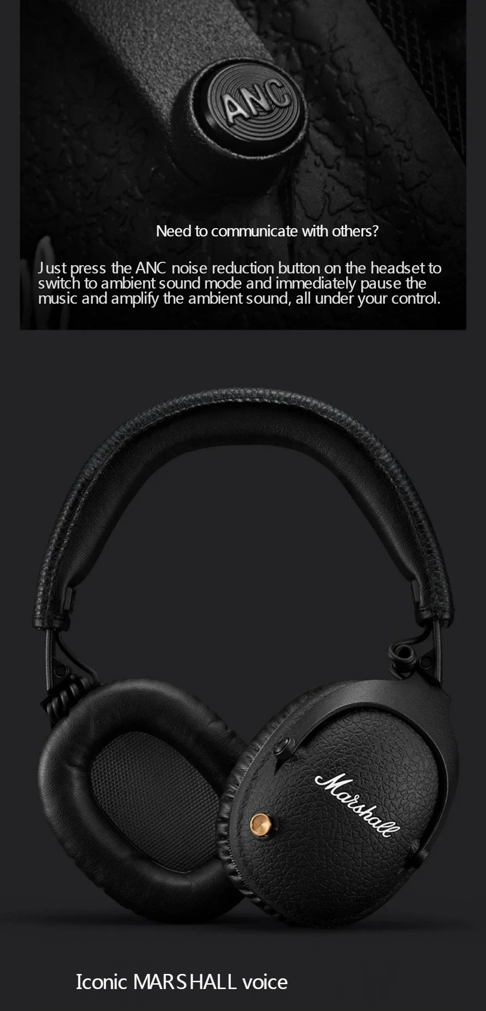 Auscultadores sem fios com cancelamento de ruído Marshall MONITOR II A.N.C. – Headset Bluetooth premium over-ear com graves profundos, microfone e áudio para gaming