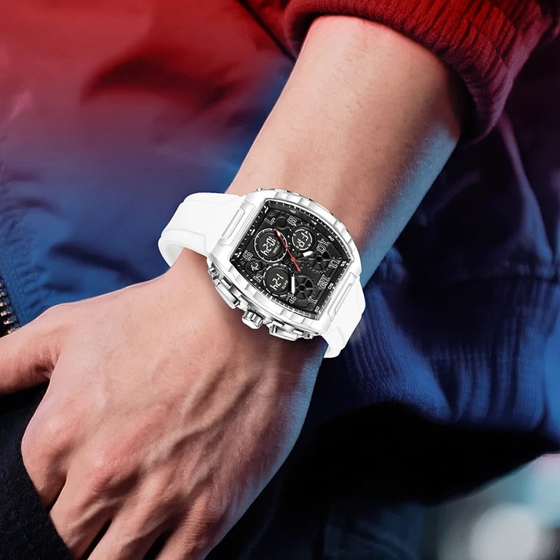 FOXBOX Men Watch Luminous White Silicone Waterproof Quartz Watch For Men Fashion Analog Digital Alarm Chronograph Montre Homme
