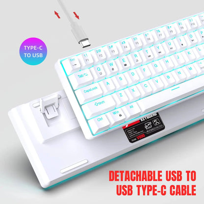 Teclado mecânico gaming 60% USB com teclas brancas, mini teclado gamer ergonómico para computador, retroiluminado, música, teclado para PC