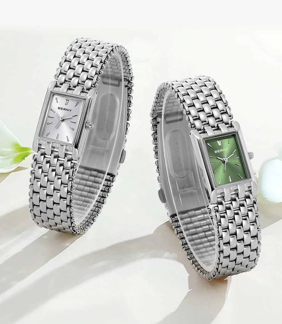 BERNY Square Watch for Women Quartz Ladies Wristwatches Stainless Steel Women Small Dial Watch Luxury Casual Fashion Watches