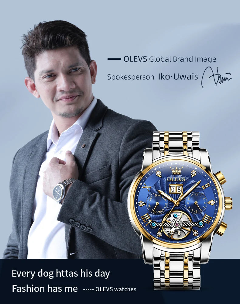 OLEVS 9910 Original Men's Automatic Mechanical Watch Luxury Skeleton Stainless steel Waterproof Luminous Watches