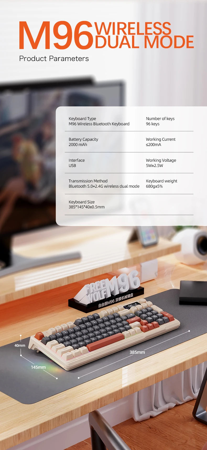 Teclado Bluetooth Sem Fios M96 FREEWOLF com Ecrã Gaming, Ecrã Eletrónico, Ligação a Vários Dispositivos, Ergonomia Gaming