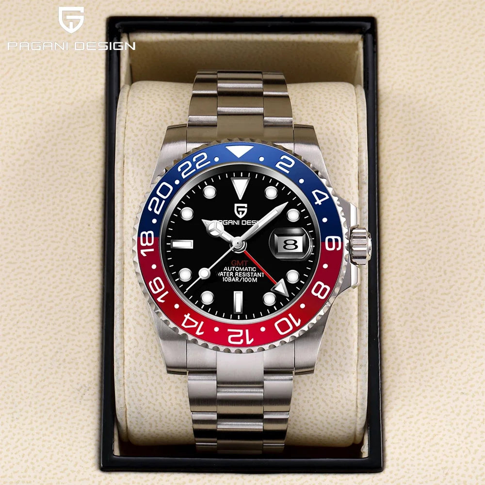 Orologio PAGANI DESIGN GMT 40MM da uomo, di lusso, con vetro zaffiro AR, movimento meccanico automatico, lunetta in ceramica, impermeabile 100M, idea regalo