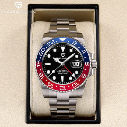 Orologio PAGANI DESIGN GMT 40MM da uomo, di lusso, con vetro zaffiro AR, movimento meccanico automatico, lunetta in ceramica, impermeabile 100M, idea regalo