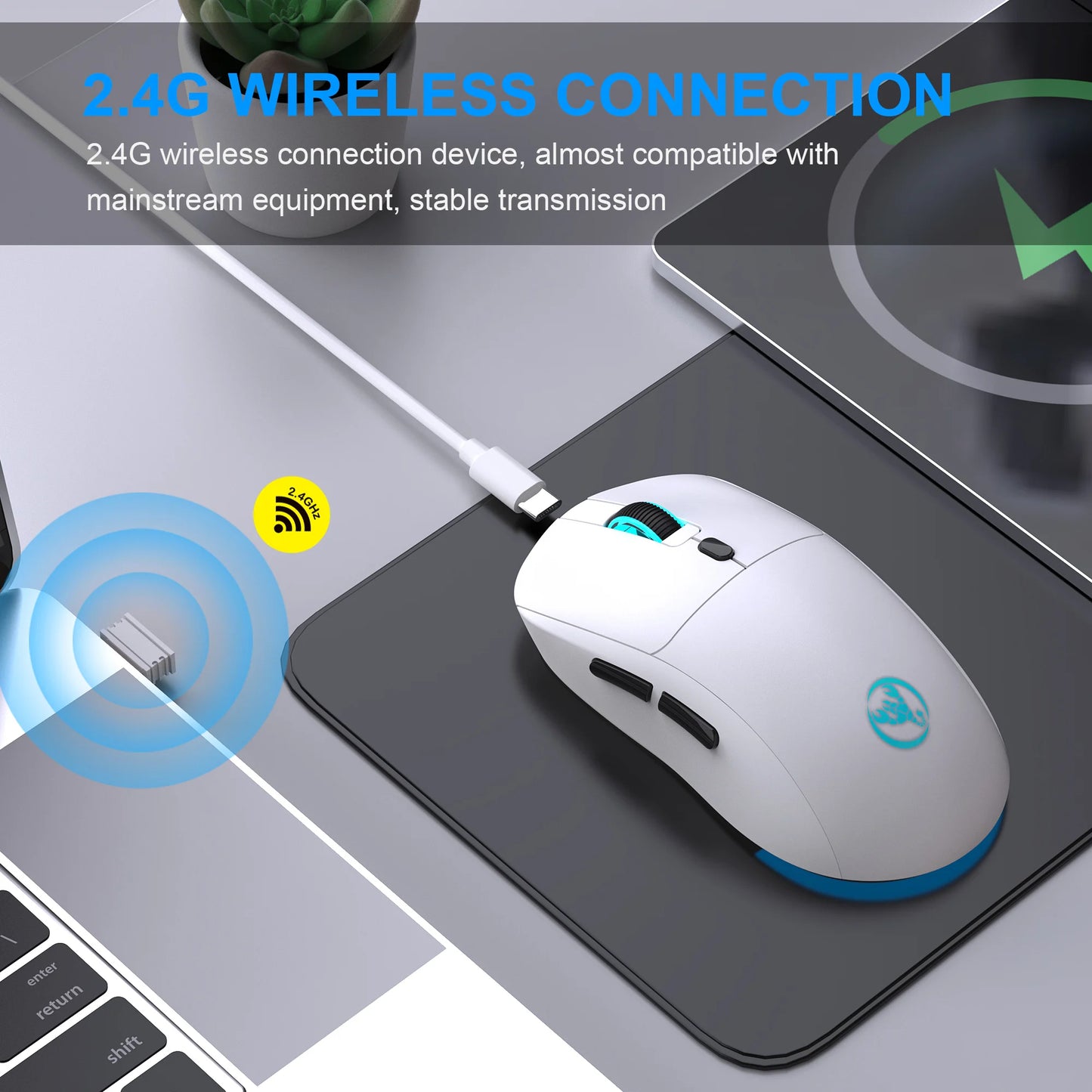 Rechargeable 2.4G USB Wireless Mouse, RGB Wireless Mouse with 3600 DPI, Ergonomic Rechargeable Wireless Mouse for Laptop, PC, Home Office & Gaming