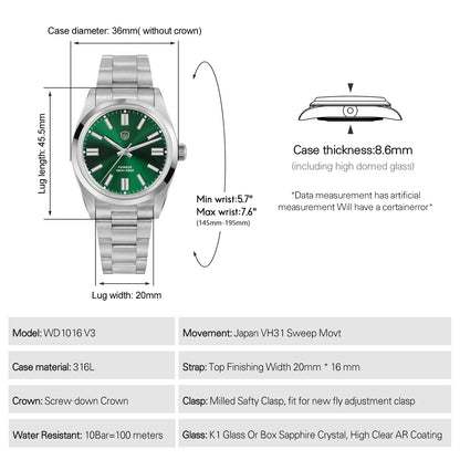 Watchdives WD1016 V3 Quartz Watch 37mm Stainless Steel Case Sapphire Vintage Watch  VH31 Sweep Movemet 100m Waterproof Men Watch