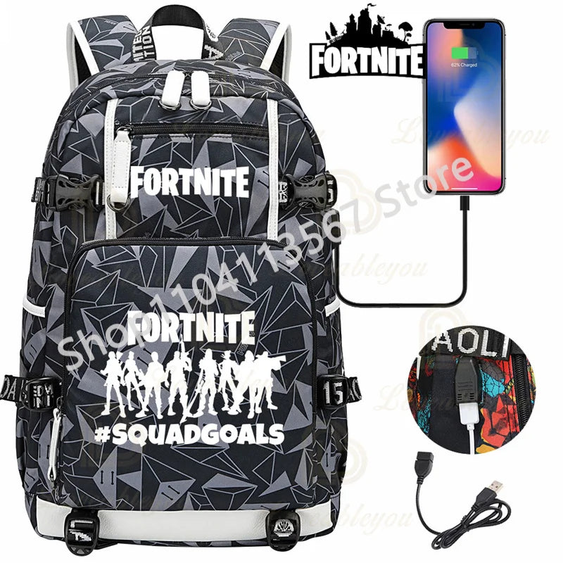 Yule Trooper F-Fortnited Battle Royale Backpack with USB Charging Anime Figures Study Stationery Compartment Students Mochila