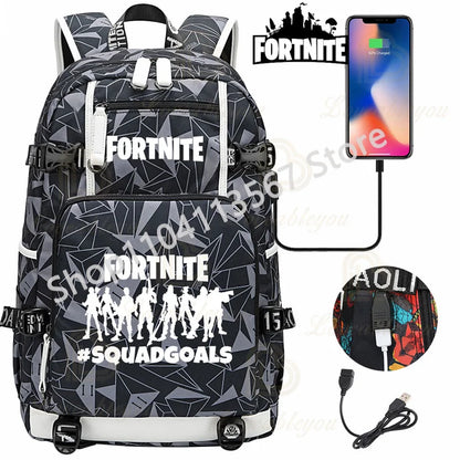 Yule Trooper F-Fortnited Battle Royale Backpack with USB Charging Anime Figures Study Stationery Compartment Students Mochila