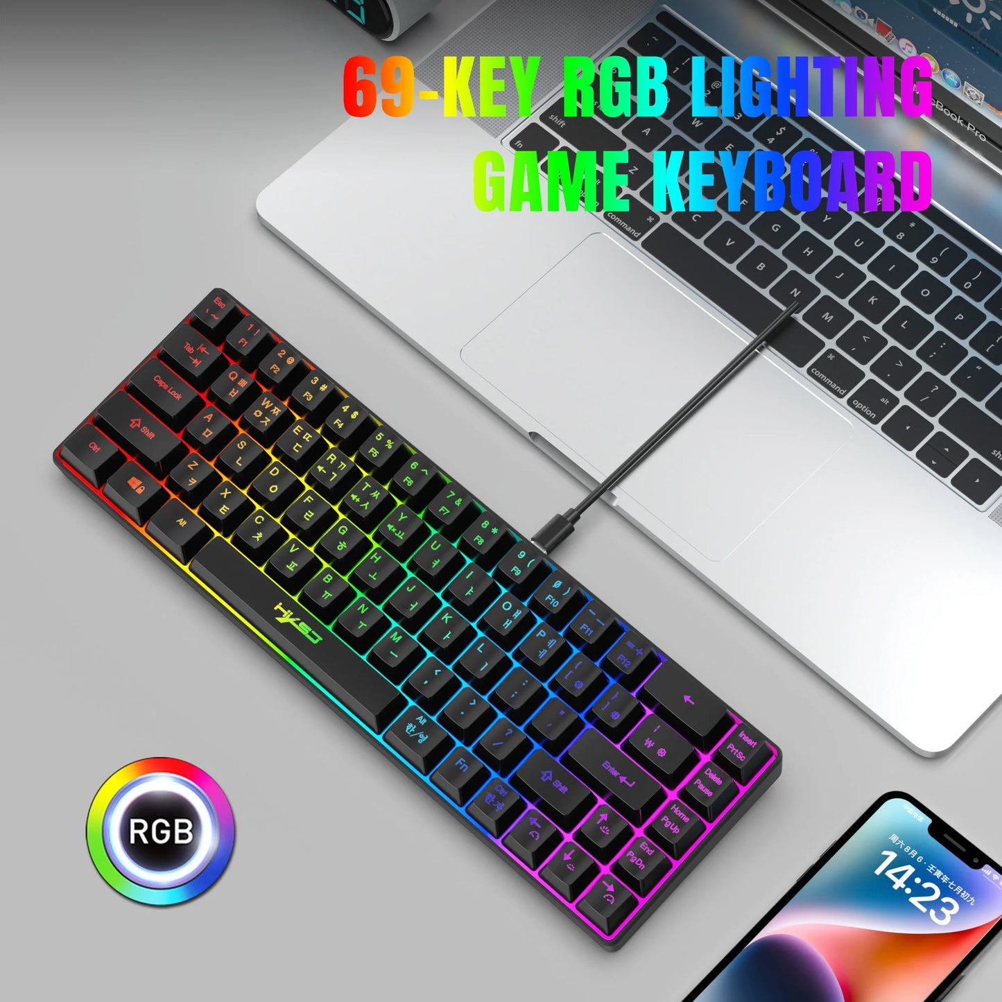 Teclado gaming de 68 teclas USB com fios portátil, retroiluminação RGB 20, teclado coreano para portáteis e computadores Windows