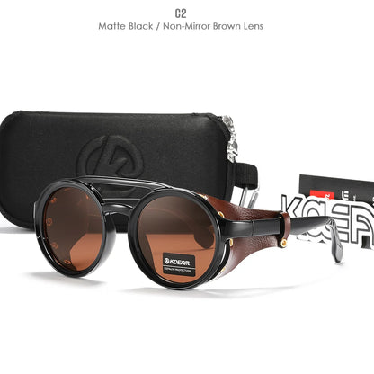 KDEAM Vintage Round Sunglasses Men Women Leather Shield Sun Glasses  Twin Bridge Designed Shade KD179