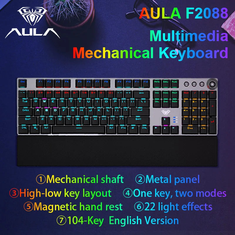 Teclado Mecânico AULA F2088 com Fio para Gaming, Botão Multifuncional, 104 Teclas, Retroiluminação Magic, Programação Macro, Compu