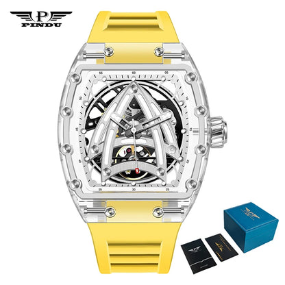 PINDU Designer Hollow Tonneau Mechanical Watch Men Luxury Brand Skeleton Automatic Watches Mens Sport Silicone Wristwatch JH3105