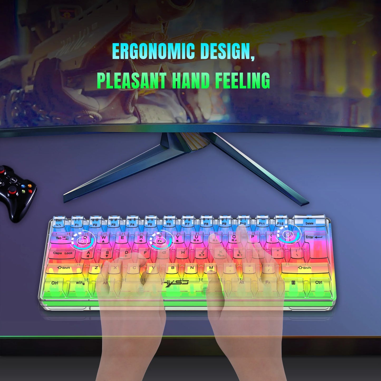 Teclado Gaming Transparente com Fio HXSJ 60%, Retroiluminação RGB, Ultra-Compacto, Impermeável, Teclado Compacto Pequeno de 61 Teclas para PC/Mac