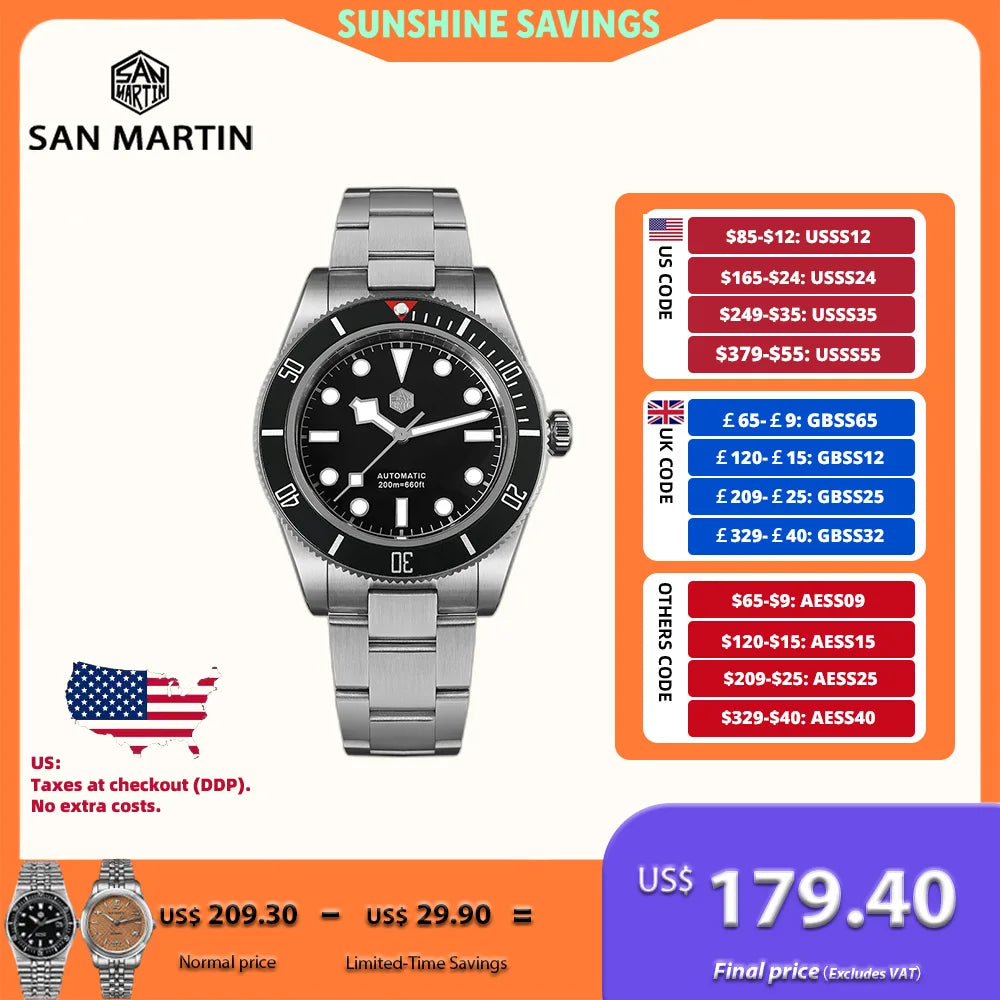 San Martin 40mm NH35 Automatic Men Diving Watch 20ATM Waterproof BB58 Sapphire Wristwatch BGW-9 C3 Luminous Reloj SN0008C/D