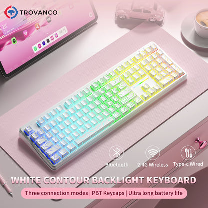 Teclado Bluetooth V108 Pro para escritório, baixo ruído, 2.4G, com e sem fios, layout completo, membrana com retroiluminação RGB