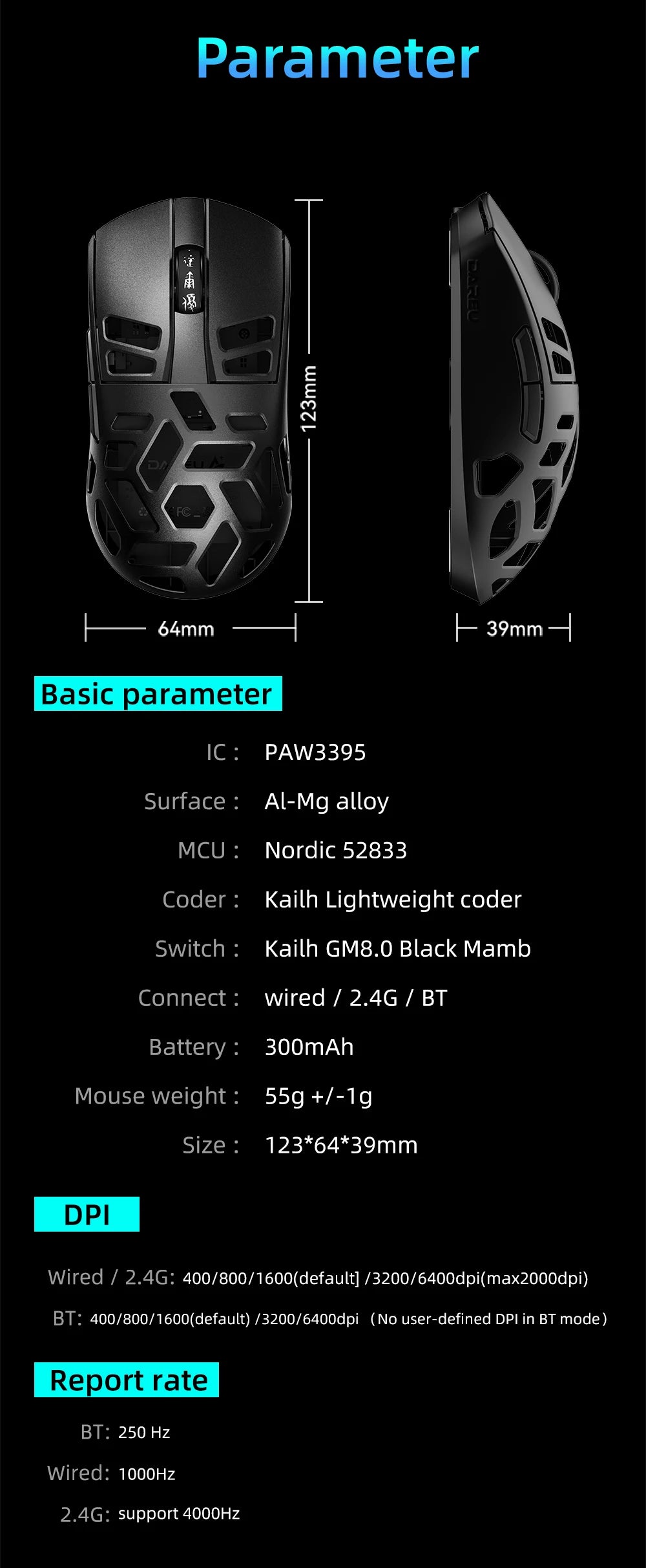 DAREU Al-mg Tri-mode 8Khz PBT trådløs gamingmus med hurtigopladning, PAW3950, 30000 DPI, letvægtsdesign til PC-gamere