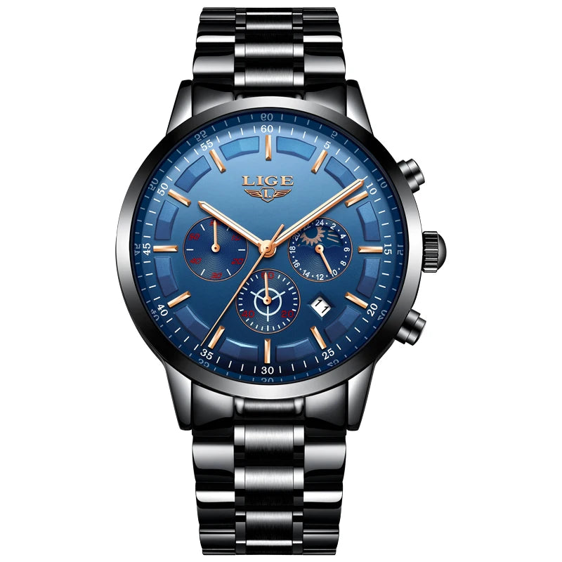 LIGE herenhorloge – Luxe quartz-chronograaf, waterdicht (3 bar), met lichtgevende wijzers – Cadeautip (inclusief doos)