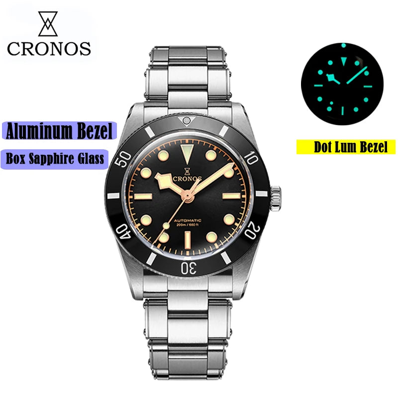 Cronos Luxury Men's Watches 37mm Diver BB54 Vintage Automatic Matt/ Aluminum Bezel Female End Links Sapphire 20 Bar L6033 M