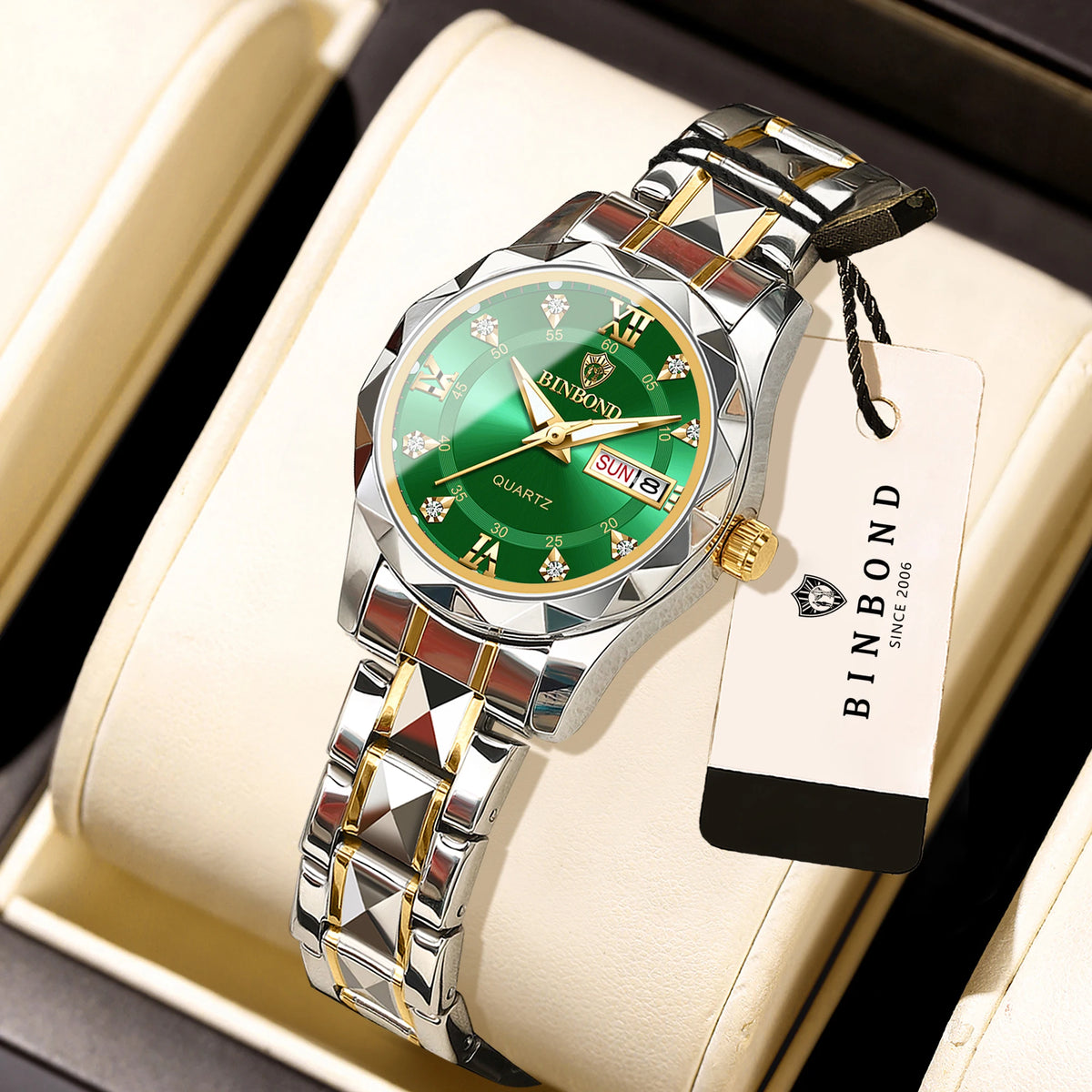 Montre pour femme BINBOND : montre à quartz robuste, luxueuse, luminescente et étanche, dotée d'un affichage précis de la date et du jour de la semaine.