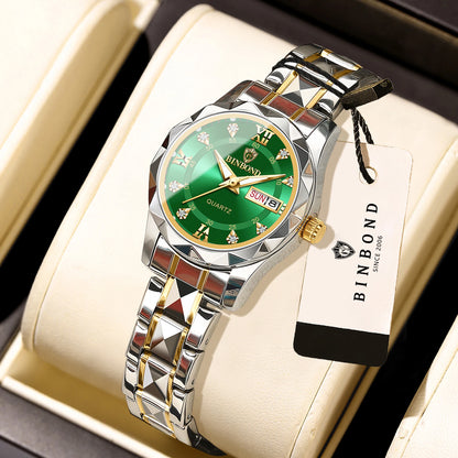Montre pour femme BINBOND : montre à quartz robuste, luxueuse, luminescente et étanche, dotée d'un affichage précis de la date et du jour de la semaine.