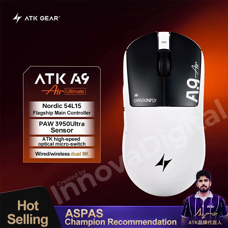 „ATK Dragonfly A9 Ultimate“ belaidė žaidimų pelė, „PAW3950 Ultra 8 kHz“ ergonomiška lengva žaidimų pelė, skirta FPS, e. sportui ir „CSGO“