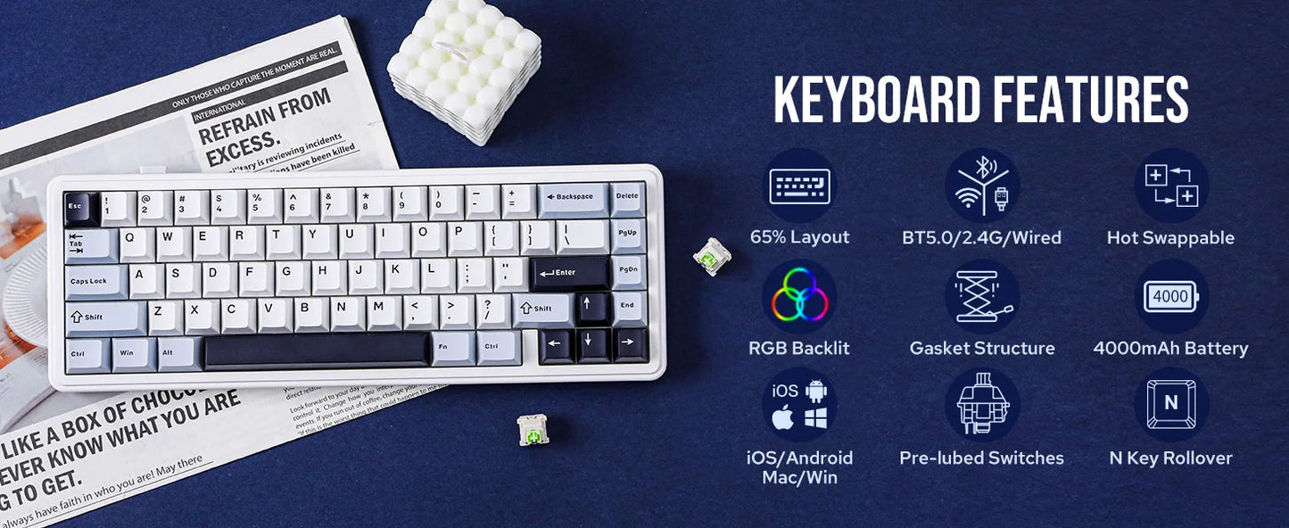 Teclado mecânico EPOMAKER x AULA F65 com layout 65%, hot-swap, montagem gasket e ligação com fios/Bluetooth/2.4G sem fios para Mac/Win
