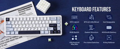 Teclado mecânico EPOMAKER x AULA F65 com layout 65%, hot-swap, montagem gasket e ligação com fios/Bluetooth/2.4G sem fios para Mac/Win