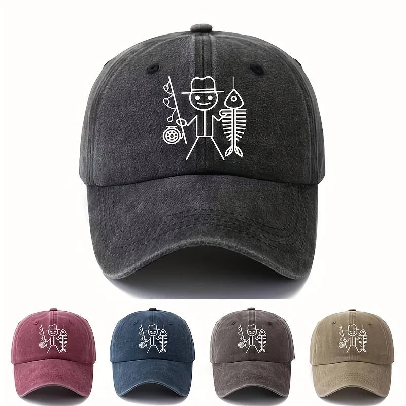 Șapcă de baseball cu imprimeu de bărbat desenat care pescuiește, șapcă cu bor curbat pentru activități în aer liber, șapcă de șofer de camion, șapcă pentru vacanță, călătorii și camping