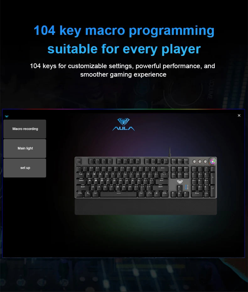 Teclado Mecânico AULA F2088 com Fio para Gaming, Botão Multifuncional, 104 Teclas, Retroiluminação Magic e Programação de Macros para Computador