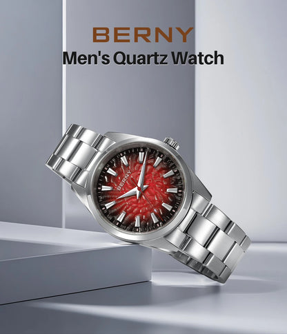 BERNY Men's Watch 10ATM Sapphire Luminous Fashion Quart Watches Full Stainless Steel Classic Dress Business Wristwatch