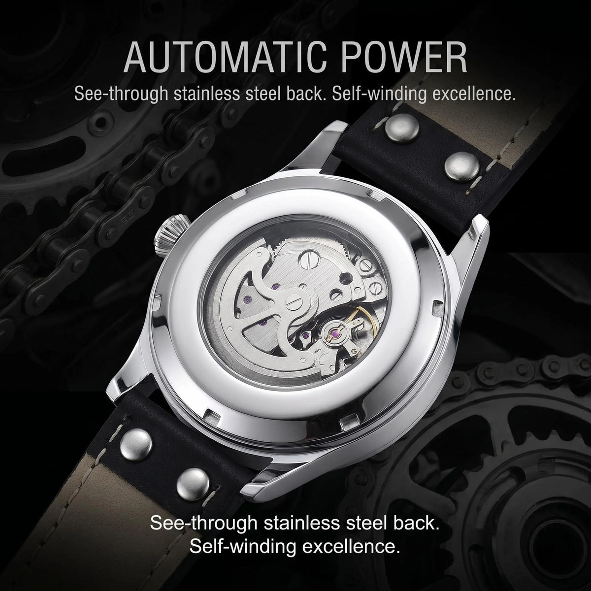 LONGLUX men automatic watch vintage pilot tough guy mechanical watches skeleton waterproof luminous leather gift