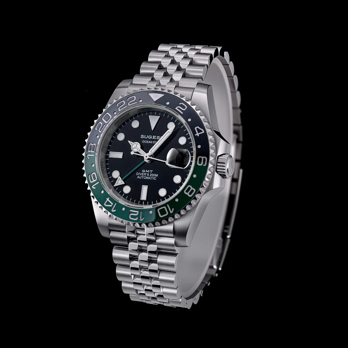 Sugess GMT Diving Watch of Men Automatic Mechanical Waterproof Wristwatches Peacock SL3032 Movement Ceramic Bezel Jubille Band