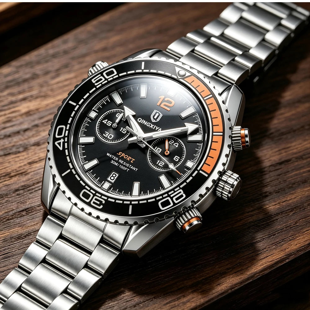 Luxury men’s wristwatch by QINGXIYA, water-resistant sports chronograph with luminous date display, casual men’s quartz watch