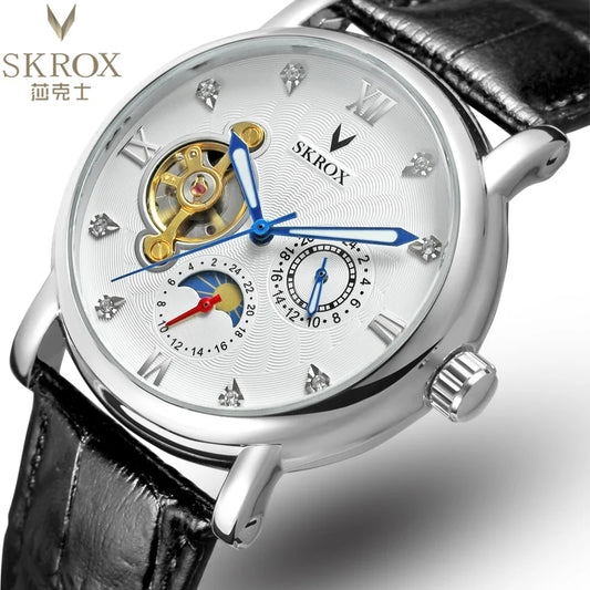 Montre mécanique automatique de luxe pour homme, signée par une grande marque, dotée d'un tourbillon, d'une phase de lune et de diamants – une montre-bracelet élégante.