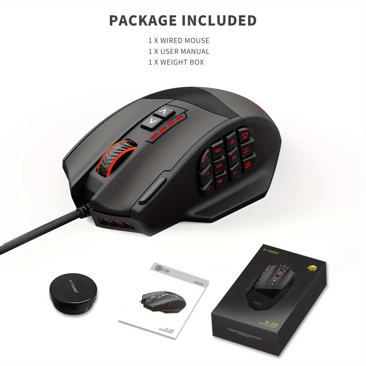 E-YOOSO X-39 Programmable Gaming Mouse RGB Wired Mouse with 17 Buttons, Adjustable DPI, Removable Weights, Ergonomic Gaming Mouse for PC