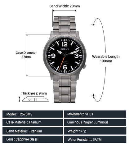 BERNY Full Titanium Men Watch Super Luminous Sports Quartz Watches Lightweight and Comfortable 5ATM Easy Read Wristwatch
