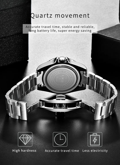 LIGE Fashion Business Watch Men 3ATM Waterproof Luminous Wristwatch Men Clock Top Brand Luxury Sports Quartz Diving Chronograph