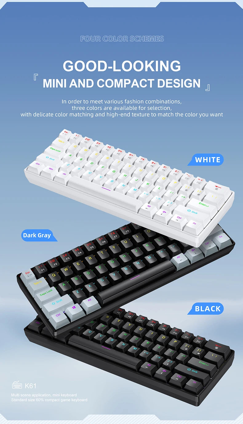 Teclado mecânico gaming com fios APAYADO K61 60% Mini Phantom RGB, 61 teclas, switches vermelhos/azuis, ergonómico, portátil para PC/portátil
