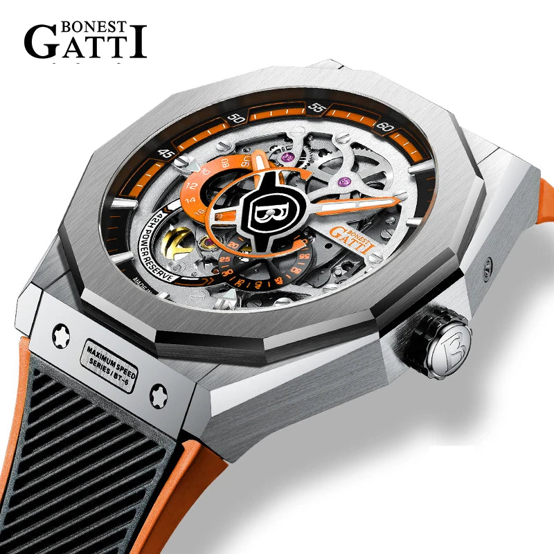 BONEST GATTI BG7601 Men's Automatic Mechanical Watch Sapphire Crystal Waterproof Luminous Rubber Strap Wristwatch